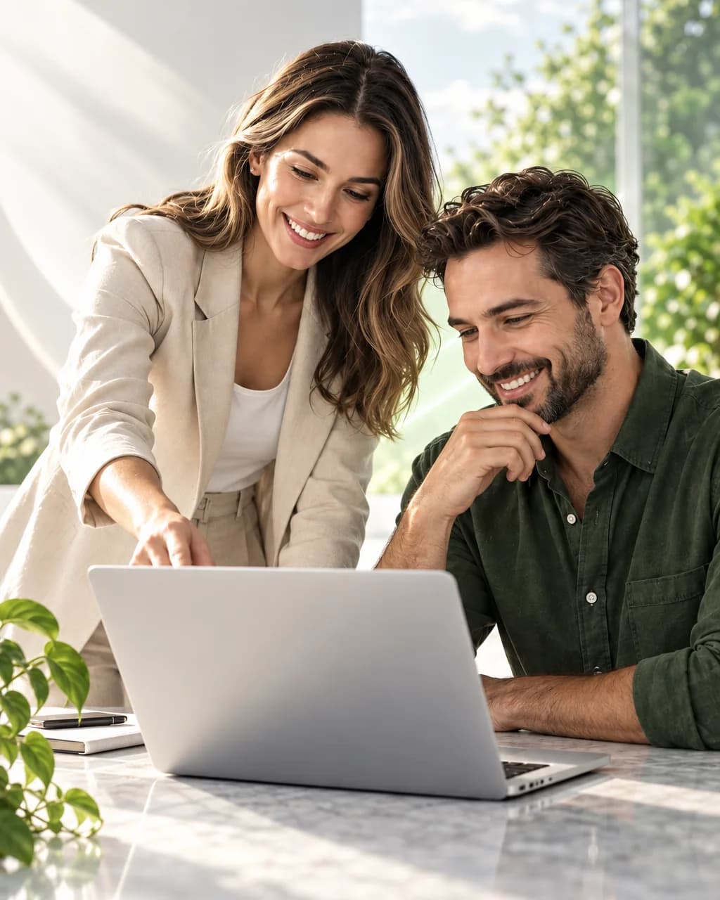 A business owner and a marketer reviewing Google Ads results together on a laptop