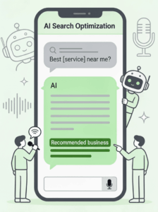 AI search optimization for local businesses with voice search and ChatGPT recommendations showing best service near me results.