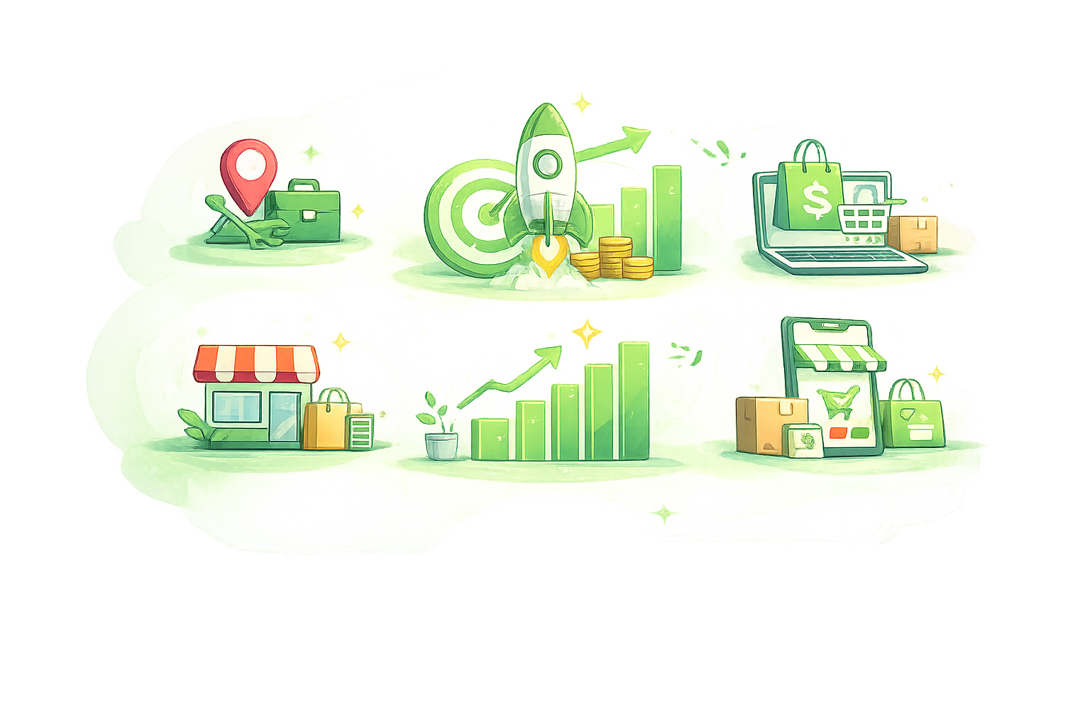 Industries we serve illustration showing local service businesses, ecommerce brands, shops, and growth charts to represent who we work with and scalable marketing results.