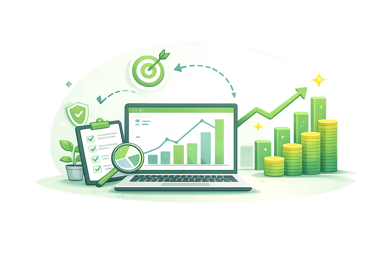 Transparent digital marketing dashboard illustration with laptop, charts, and reports symbolizing clear campaign performance, honest communication, and easy-to-understand marketing results.