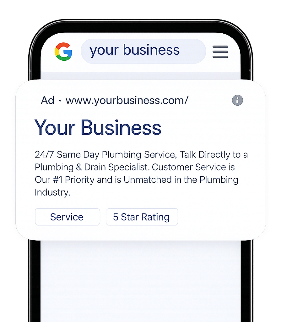 Google Search Ads example on mobile showing a business generating leads through search results